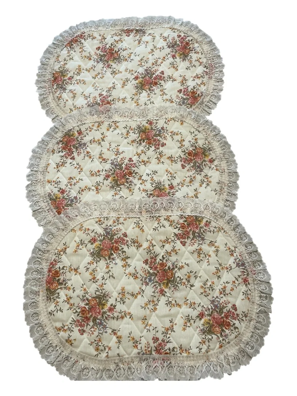 Vintage 70s Floral Quilted Lace Placemats - Cream with Rose Pattern (Set of 3)